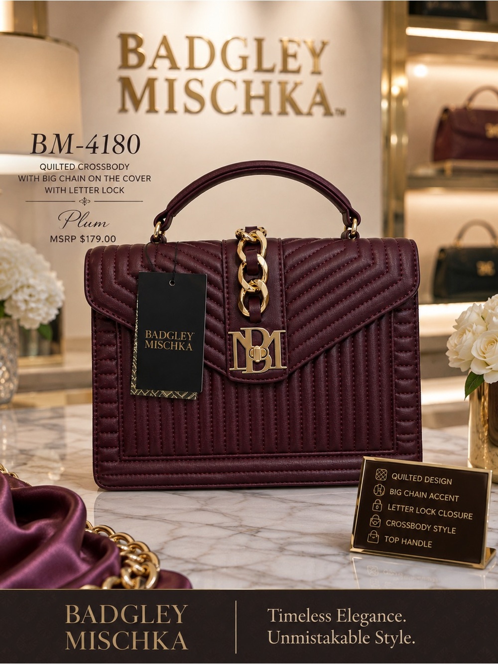 💜 NWT Badgley Mischka Quilted Crossbody Bag MSRP $179
